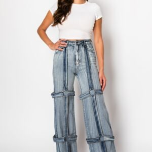 Mid Rise Straight Leg Jeans W/ Brush Wash & Ring Straps