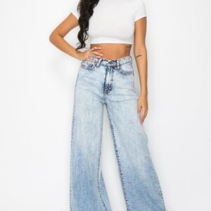 High Rise Acid Washed Down Wide Leg Jeans