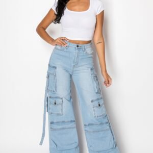 High Rise Straight Leg Cargo Jeans W/ 3-D Pockets & Hanging Straps